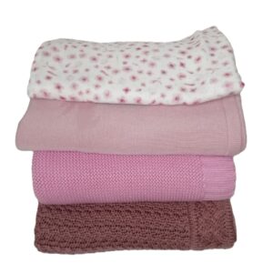 Set neonata femminuccia con copertine in lana Merino, bambù, fascia mussola fantasia Fiori Rosa, colori Peonia, Baby Rose e Rosa Cipria