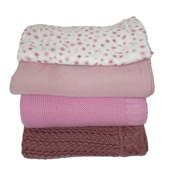 Set neonata femminuccia con copertine in lana Merino, bambù, fascia mussola fantasia Fiori Rosa, colori Peonia, Baby Rose e Rosa Cipria